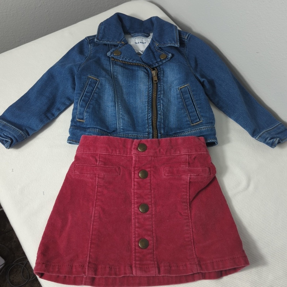 Old Navy Toddler Girls Size 2T Blue Jean Jacket And Corduroy Maroon‎ Skirt 233